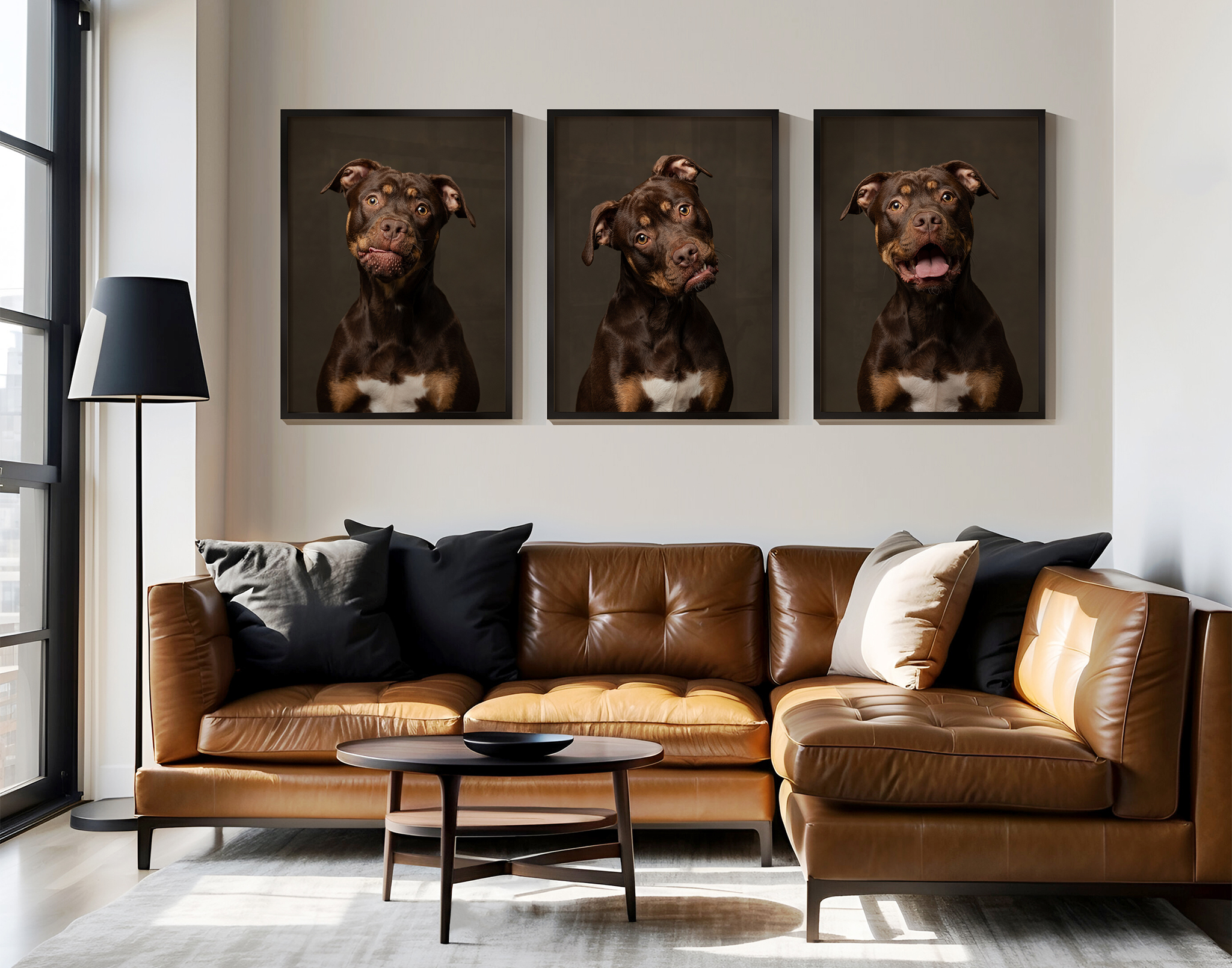 Triptych design featuring three framed portraits of the same dog